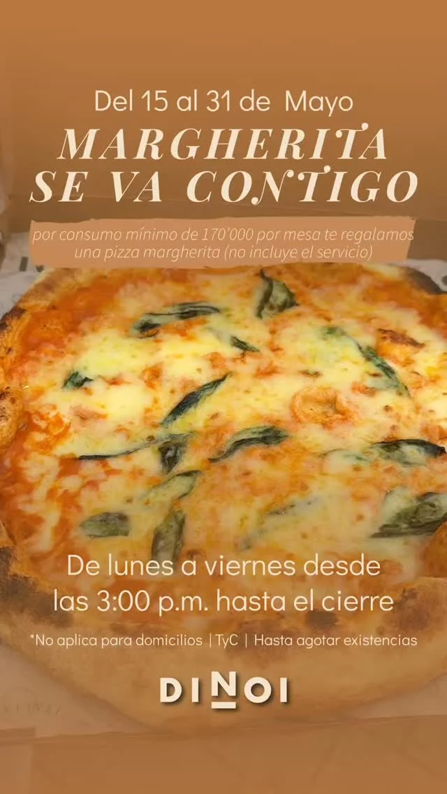 ¡Por consumo mínimo de 170.000 por mesa y sin incluir el valor del servicio, te regalamos una pizza margherita! Lunes a viernes desde las 3:00pm | Aplica tyc